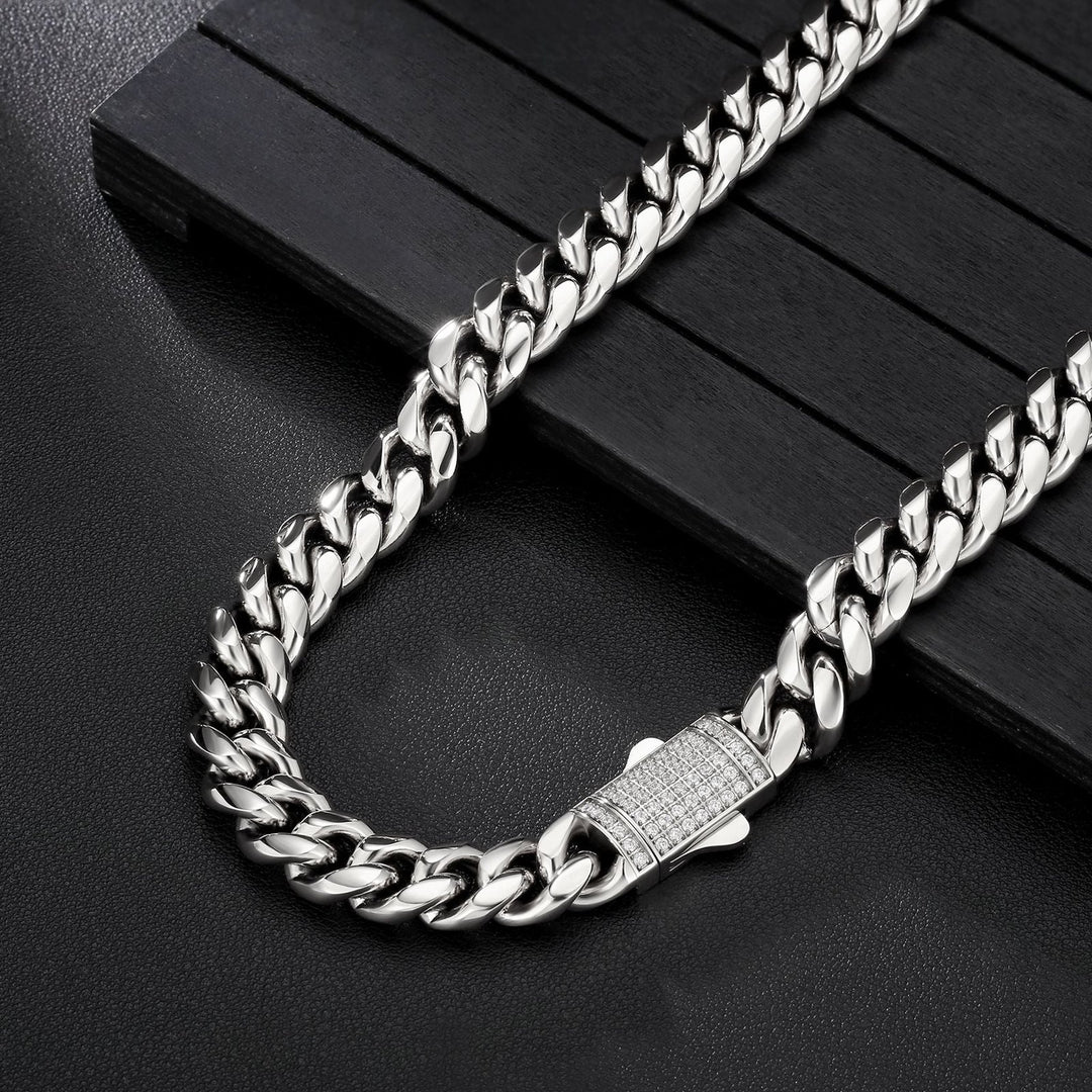 White Gold 12mm Miami Cuban Link Diamond Clasp Chain