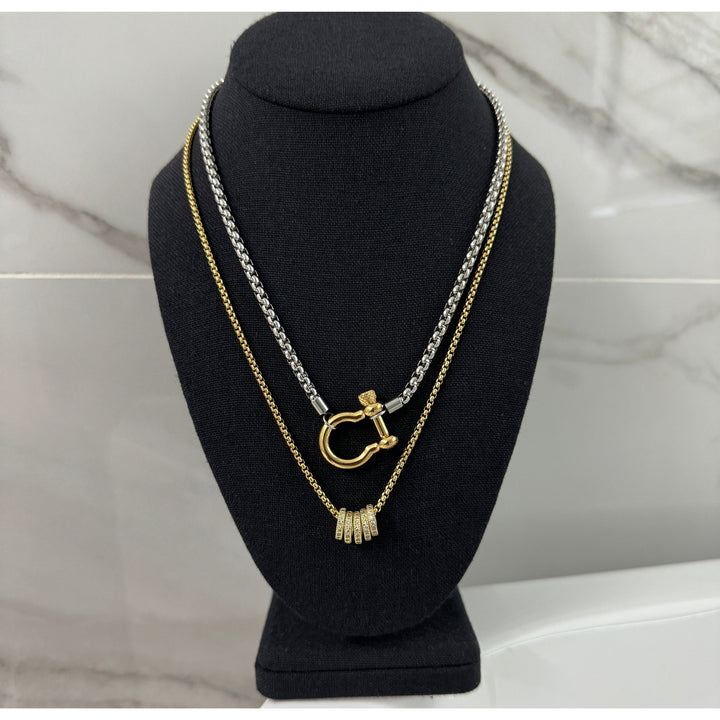 Silver Horseshoe and Ring Pendant Necklace Stack