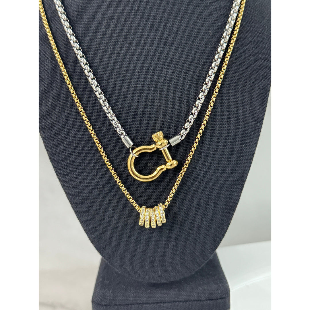 Silver Horseshoe and Ring Pendant Necklace Stack