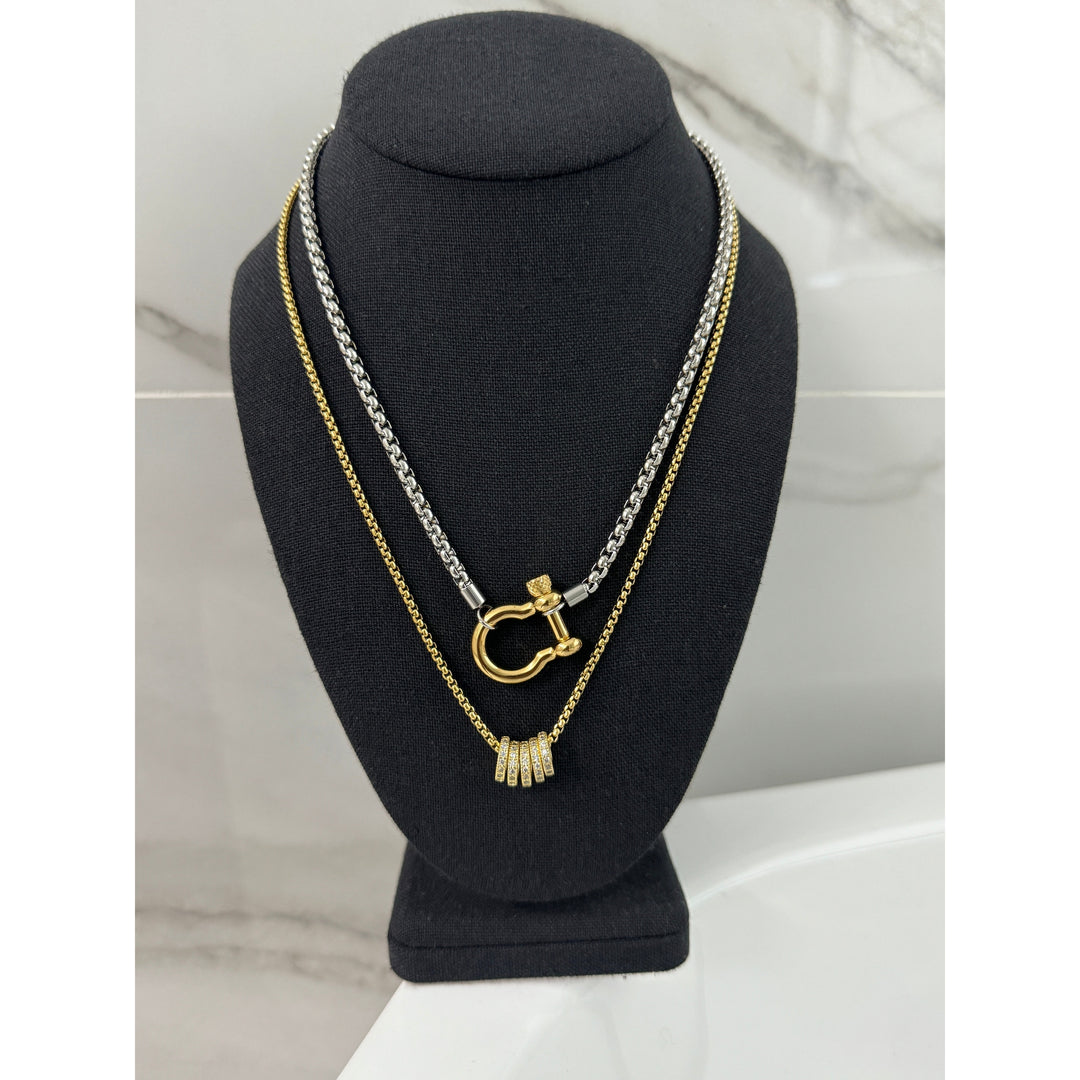 Silver Horseshoe and Ring Pendant Necklace Stack