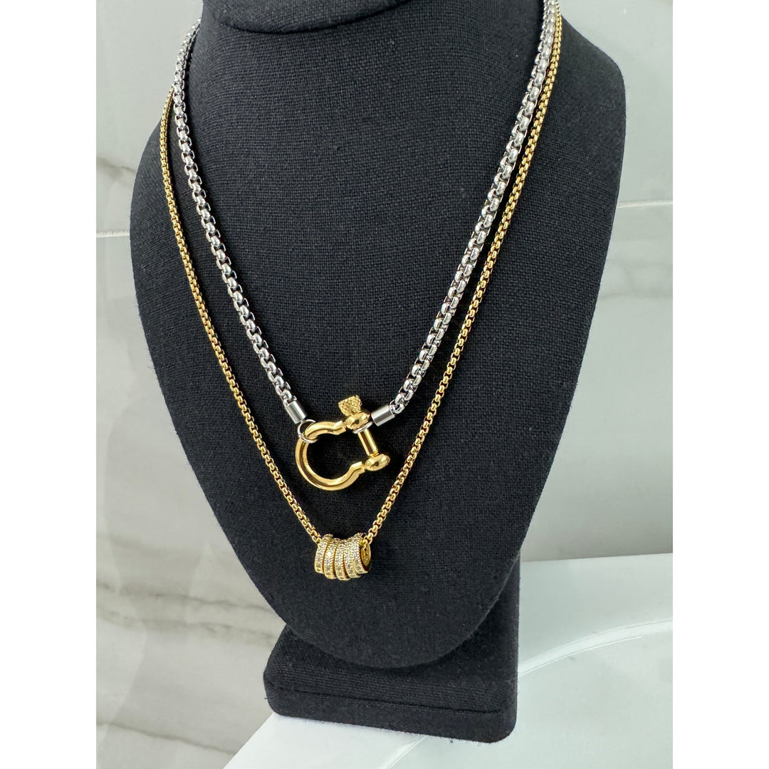 Silver Horseshoe and Ring Pendant Necklace Stack