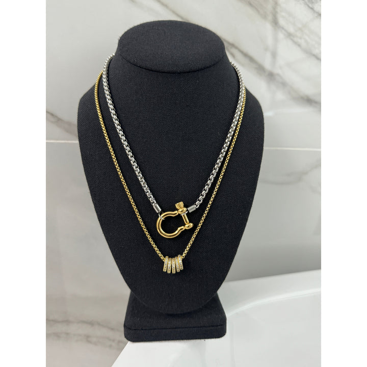 Silver Horseshoe and Ring Pendant Necklace Stack