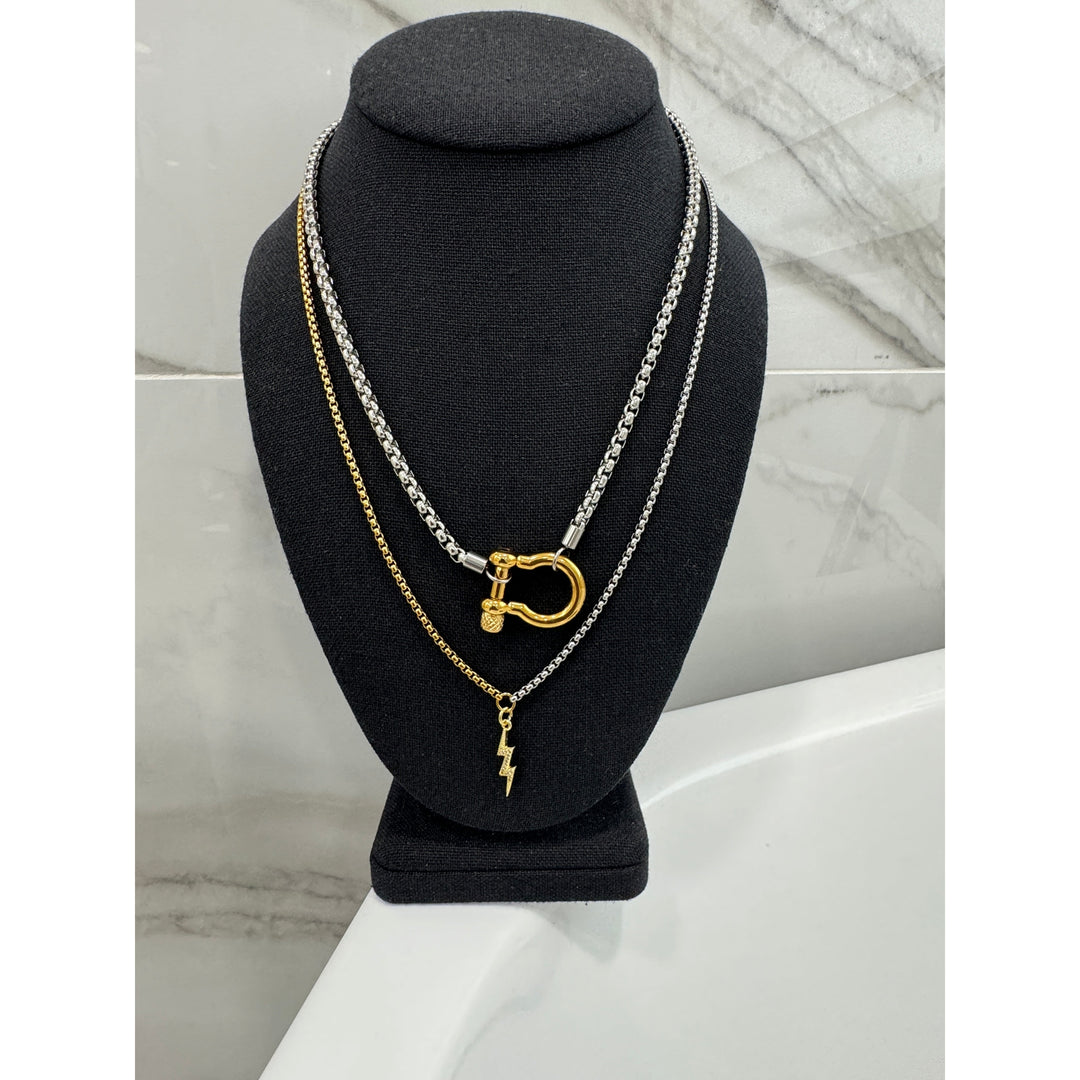 Silver Horseshoe Layered with Lightening Bolt Necklaces Set