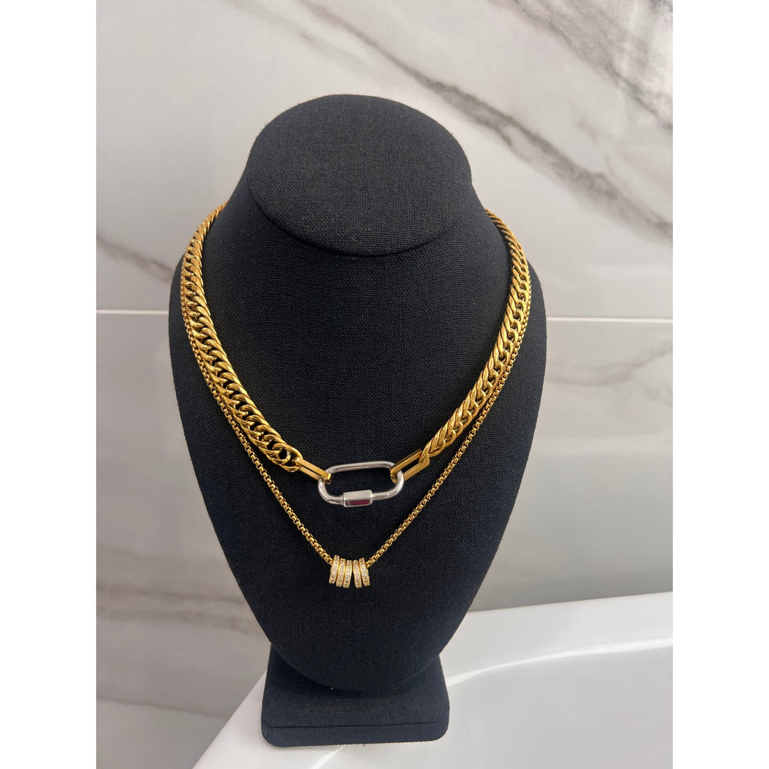 Gold Carabiner Ring Pendant Necklace Stack