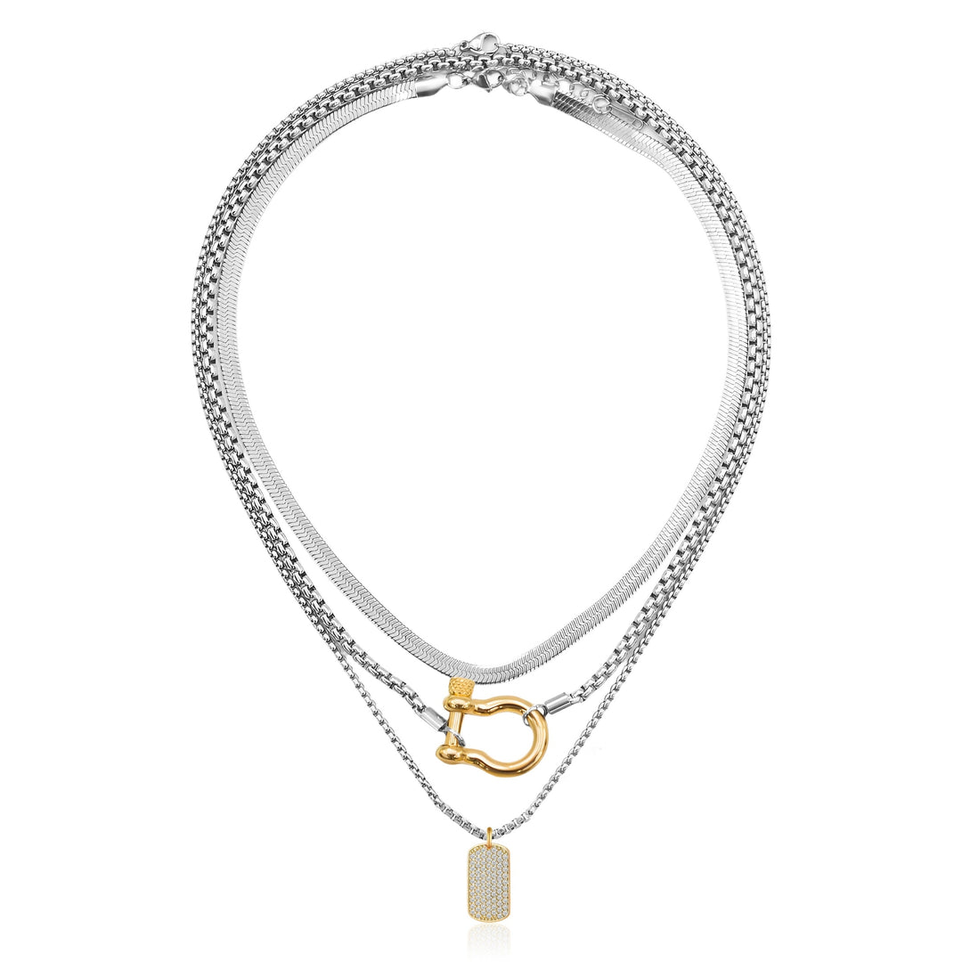 Silver Horseshoe Herringbone and Pave Pendant Necklace Stack