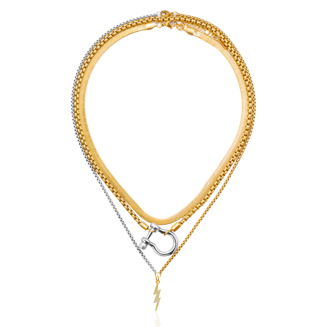 Horseshoe Herringbone and Lightning Bolt Pendant Necklace Set