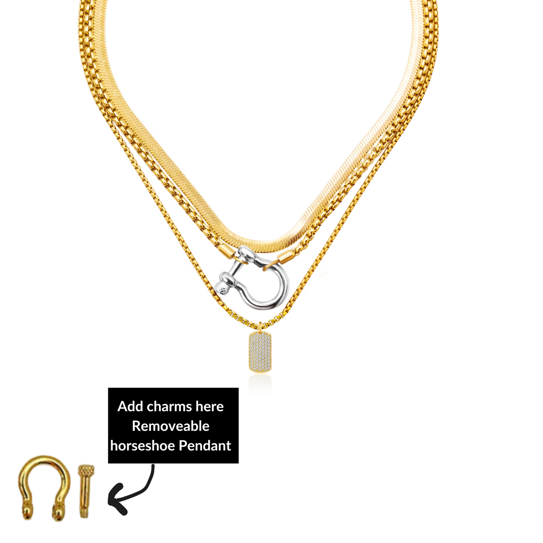 Gold Horseshoe Herringbone and Pave Pendant Necklace Stack