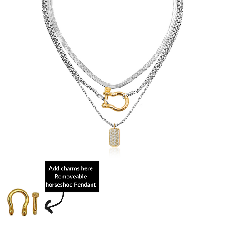 Silver Horseshoe Herringbone and Pave Pendant Necklace Stack