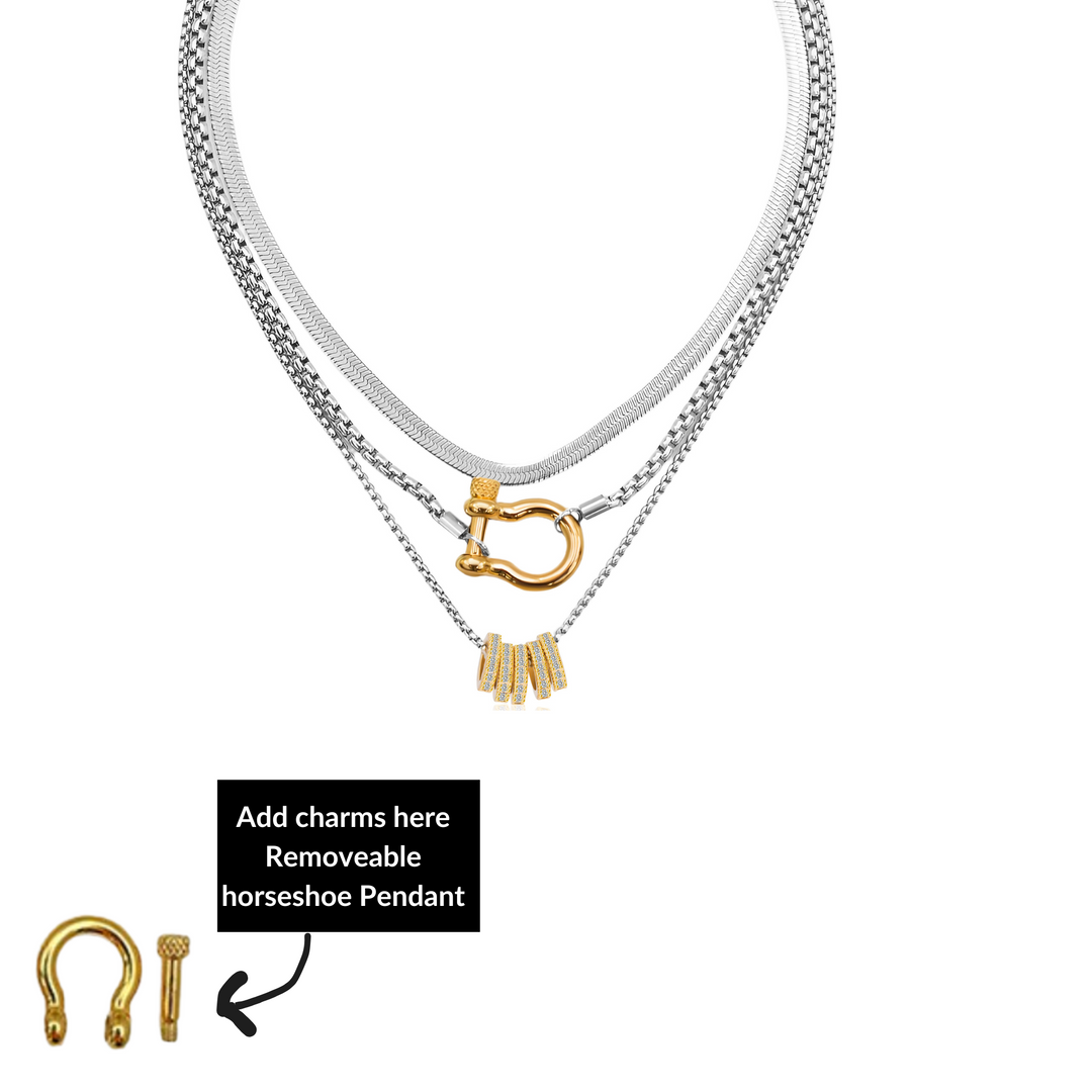 Silver Horseshoe Ring Pendant Necklace Stack