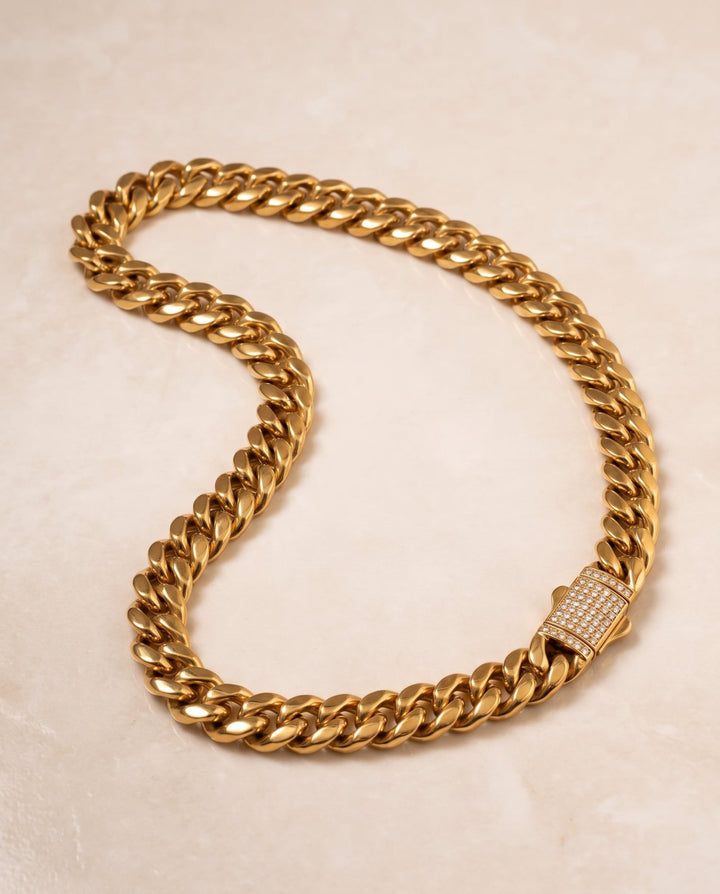 12mm Diamond Clasps Gold Cuban Chain - iceandgold