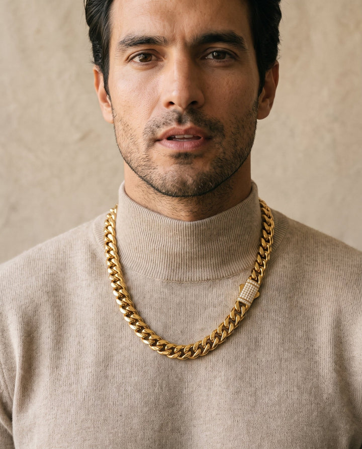 12mm Diamond Clasps Gold Cuban Chain - iceandgold