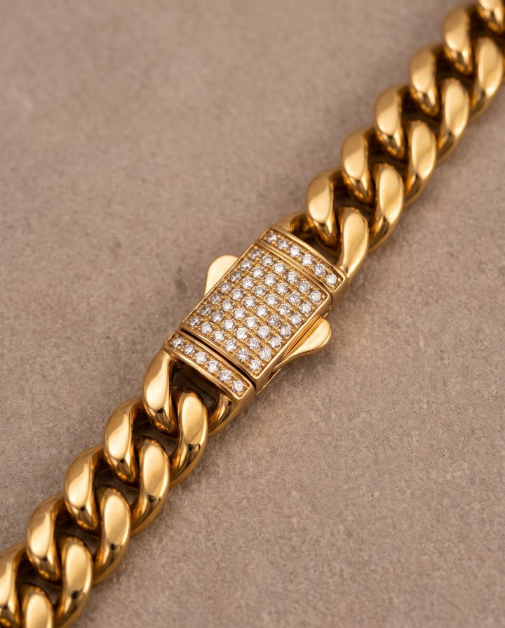 12mm Diamond Clasps Gold Cuban Chain - iceandgold