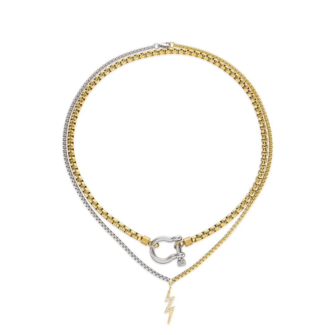 Gold Horseshoe Layered with Lightening Bolt Necklaces Set