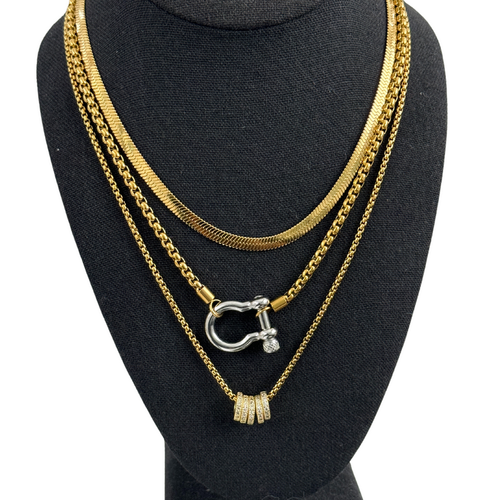 Gold Horseshoe Ring Pendant Necklace Stack