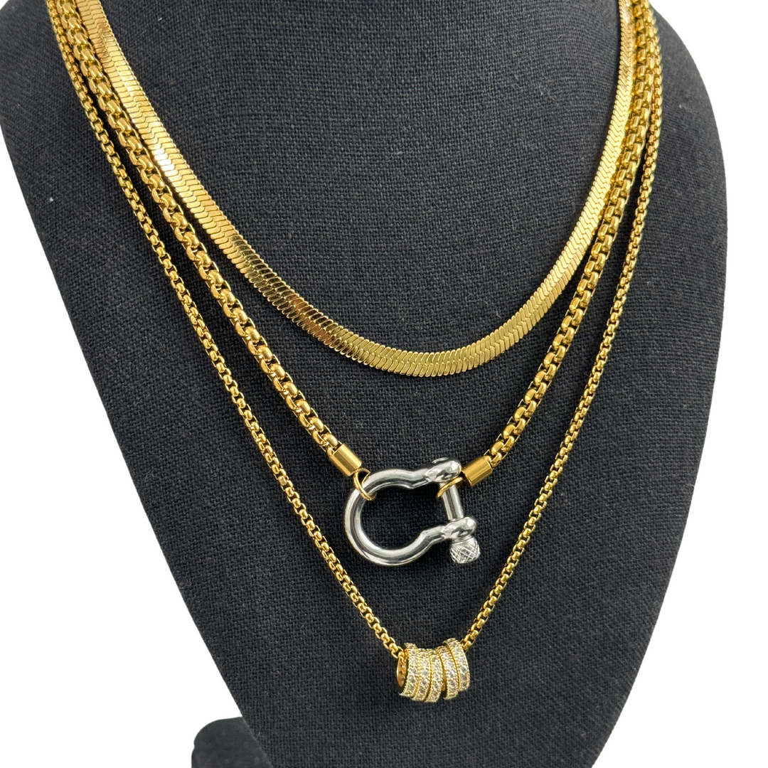 Gold Horseshoe Ring Pendant Necklace Stack