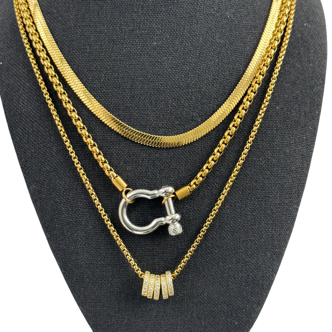 Gold Horseshoe Ring Pendant Necklace Stack