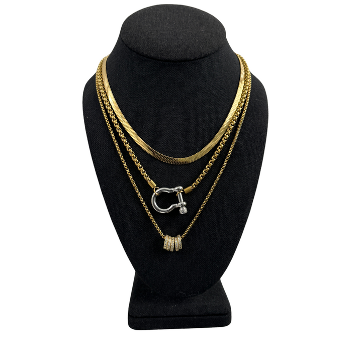 Gold Horseshoe Ring Pendant Necklace Stack