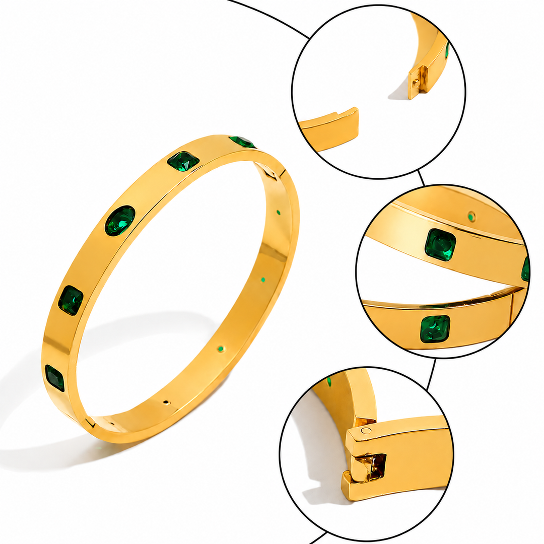 Emerald Inlay Gold Bangle Bracelet