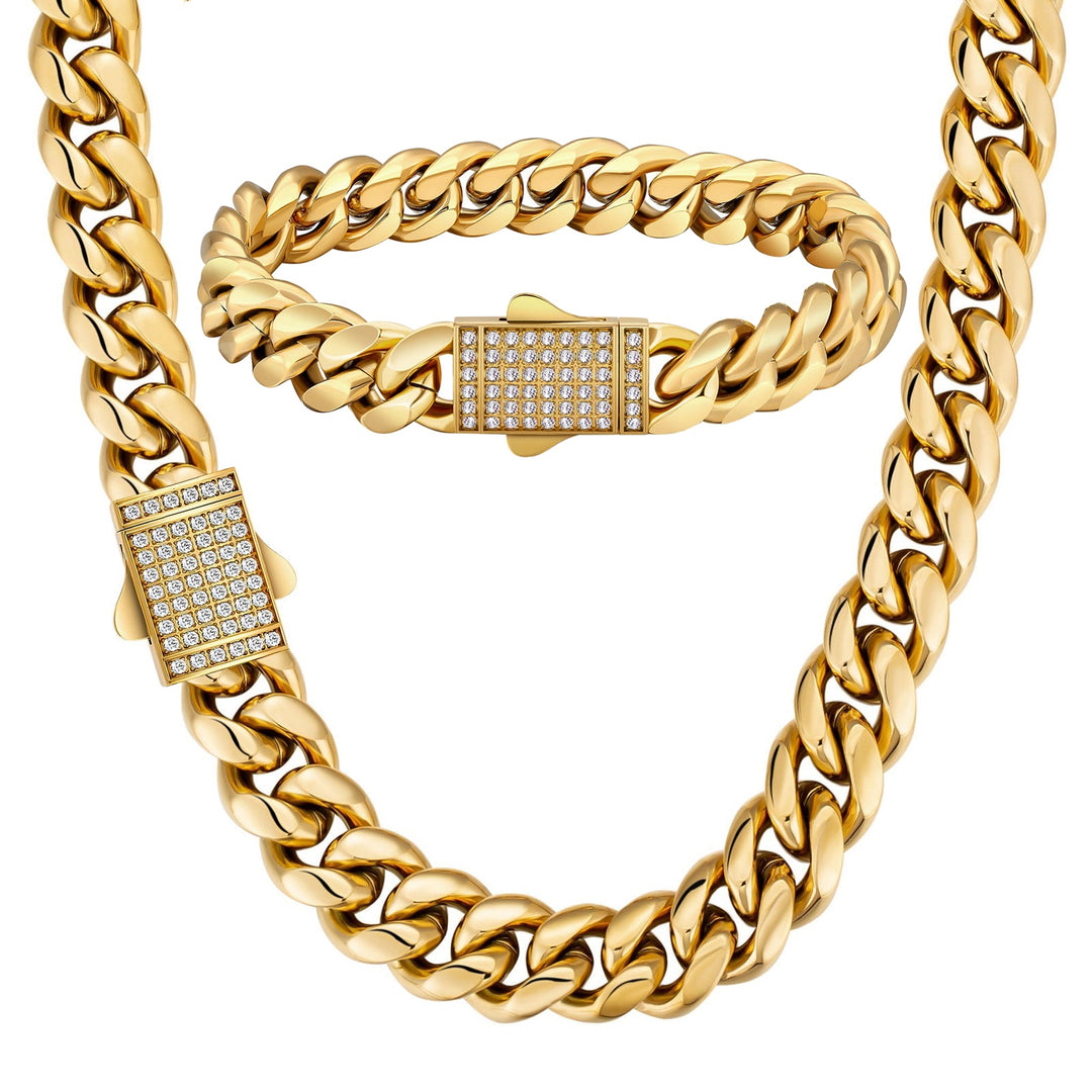 12mm Diamond Clasps Gold Cuban Set - iceandgold