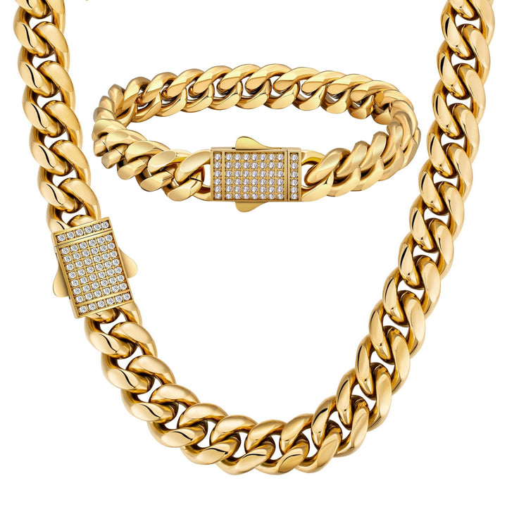 12mm Diamond Clasps Gold Cuban Set - iceandgold