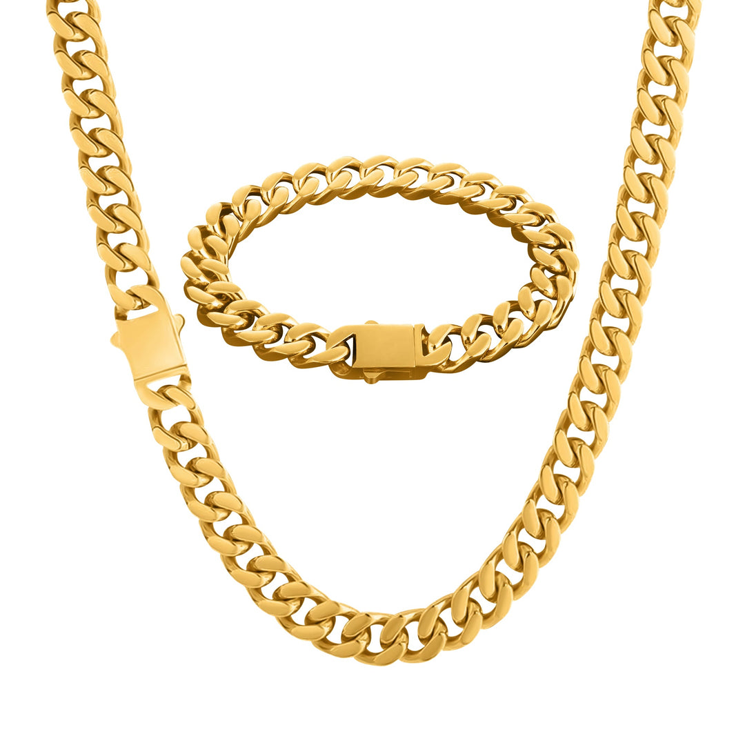 12mm Gold Miami Cuban Chain & Bracelet Set - iceandgold