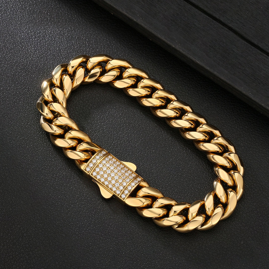 18k Gold Filled 12mm Miami Cuban Link Diamond Clasp Bracelet