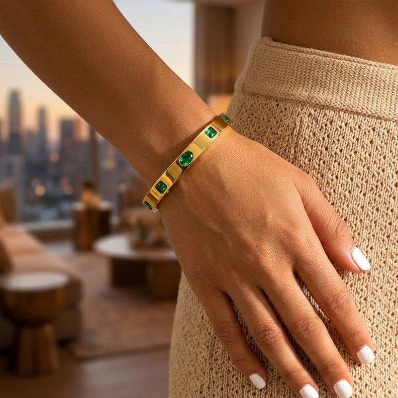 Emerald Inlay Gold Bangle Bracelet