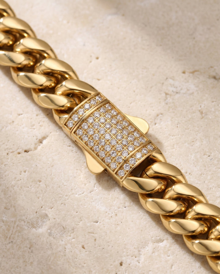 Gold 12mm Miami Cuban Link Diamond Clasp Bracelet - iceandgold