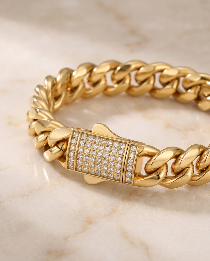 Gold 12mm Miami Cuban Link Diamond Clasp Bracelet - iceandgold