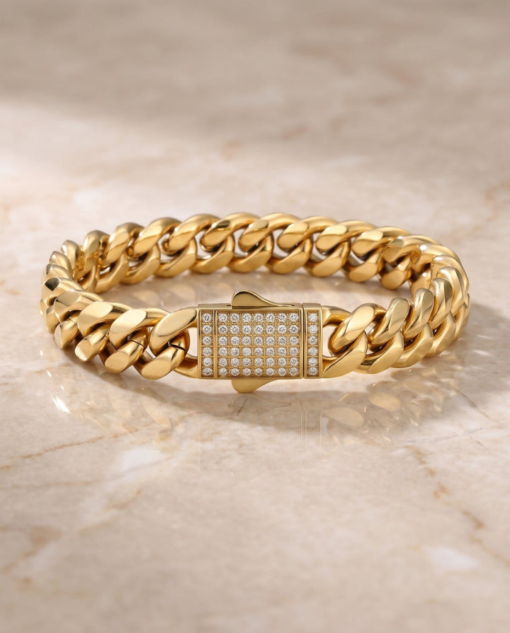 Gold 12mm Miami Cuban Link Diamond Clasp Bracelet - iceandgold