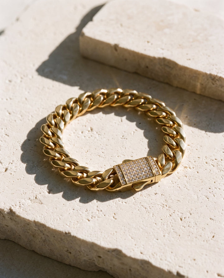 Gold 12mm Miami Cuban Link Diamond Clasp Bracelet - iceandgold