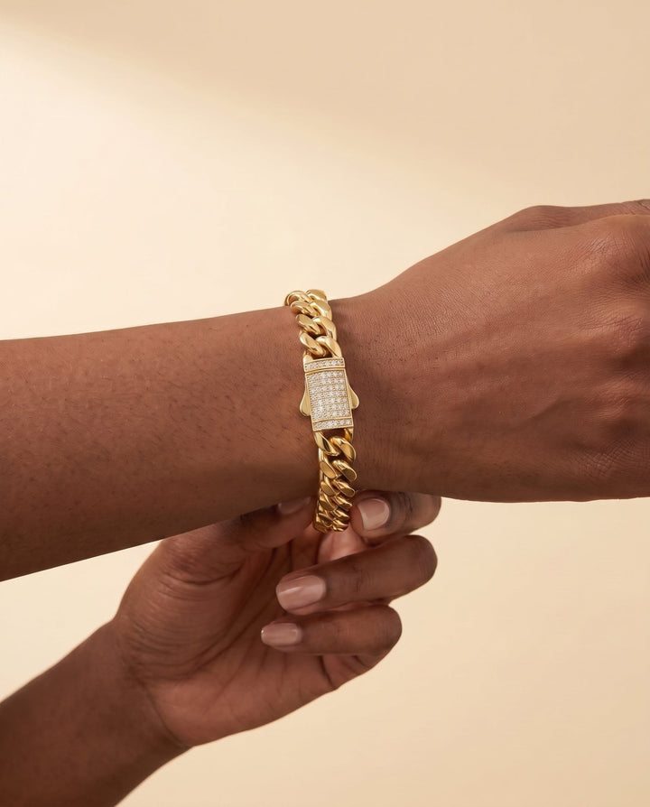 Gold 12mm Miami Cuban Link Diamond Clasp Bracelet - iceandgold