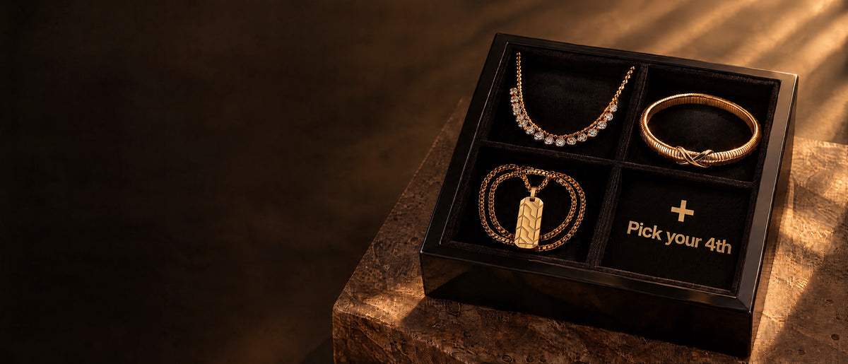 Black jewelry box with a crystal drop necklace, an infinity bangle and a men's chevron pendant, and an empty fourth slot that says Pick your 4th