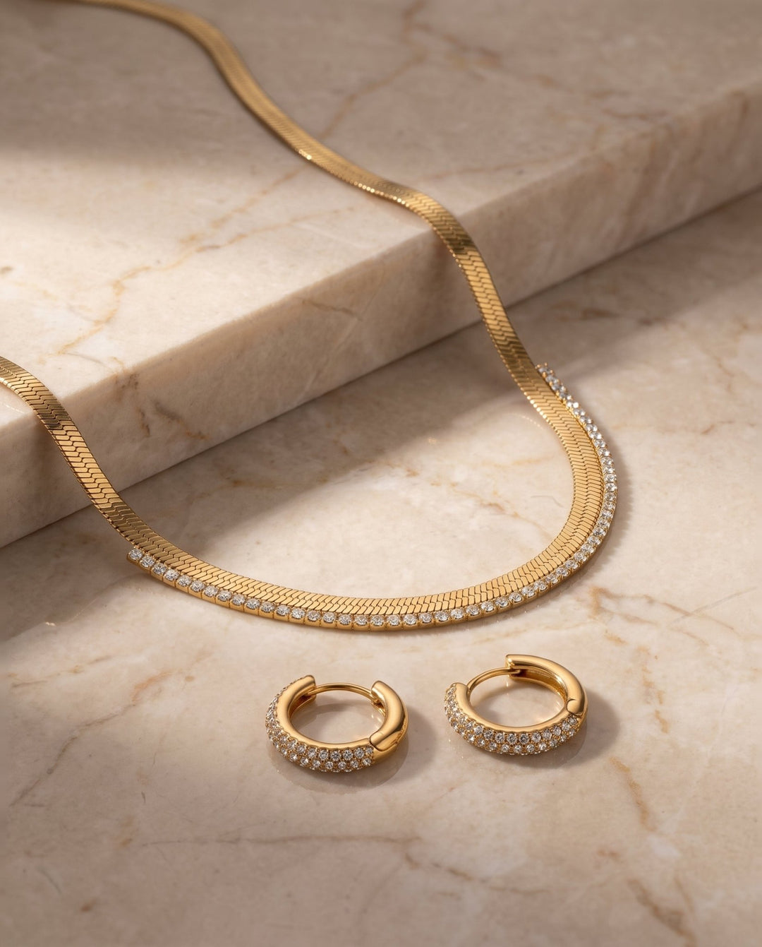 Studded Herringbone &amp; Hoop Earring Set - iceandgold