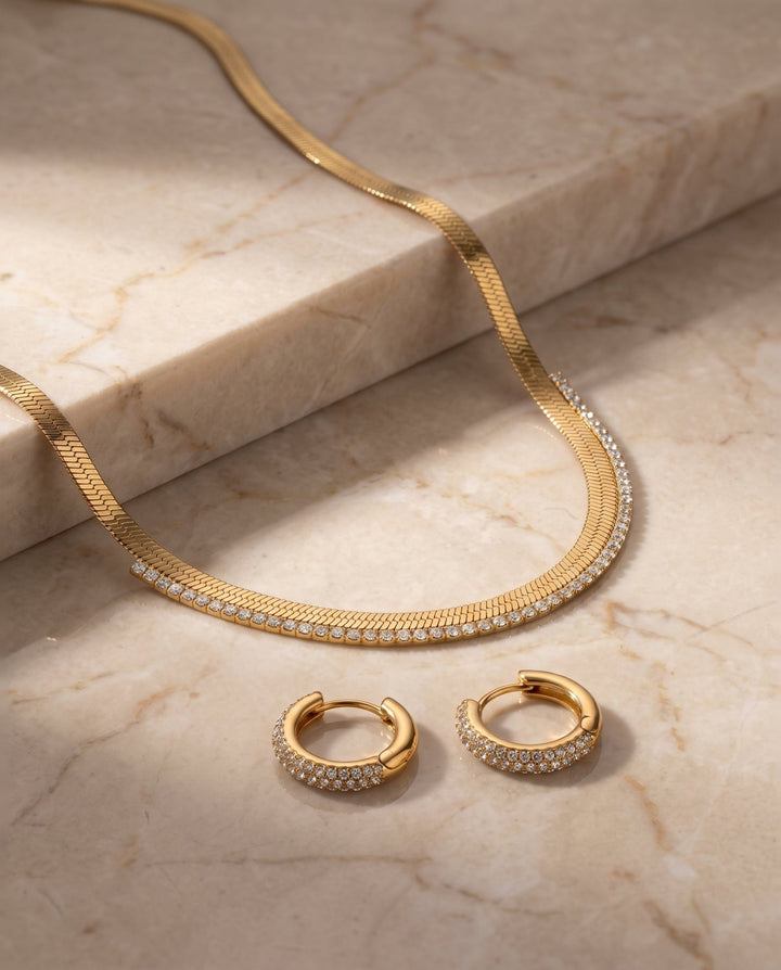 Studded Herringbone &amp; Hoop Earring Set - iceandgold