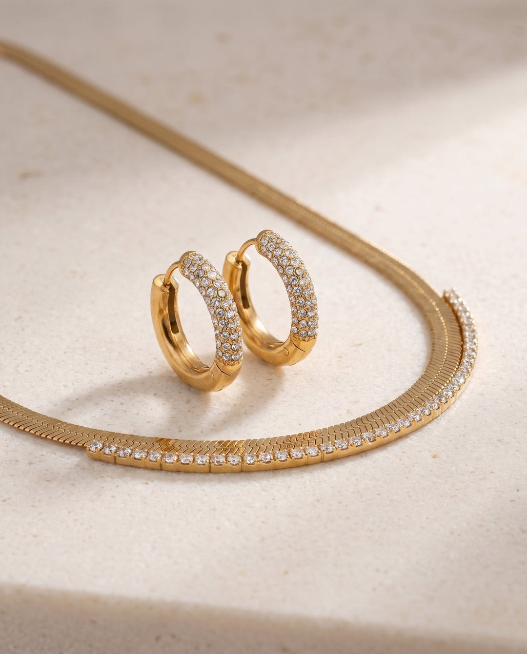 Studded Herringbone &amp; Hoop Earring Set - iceandgold