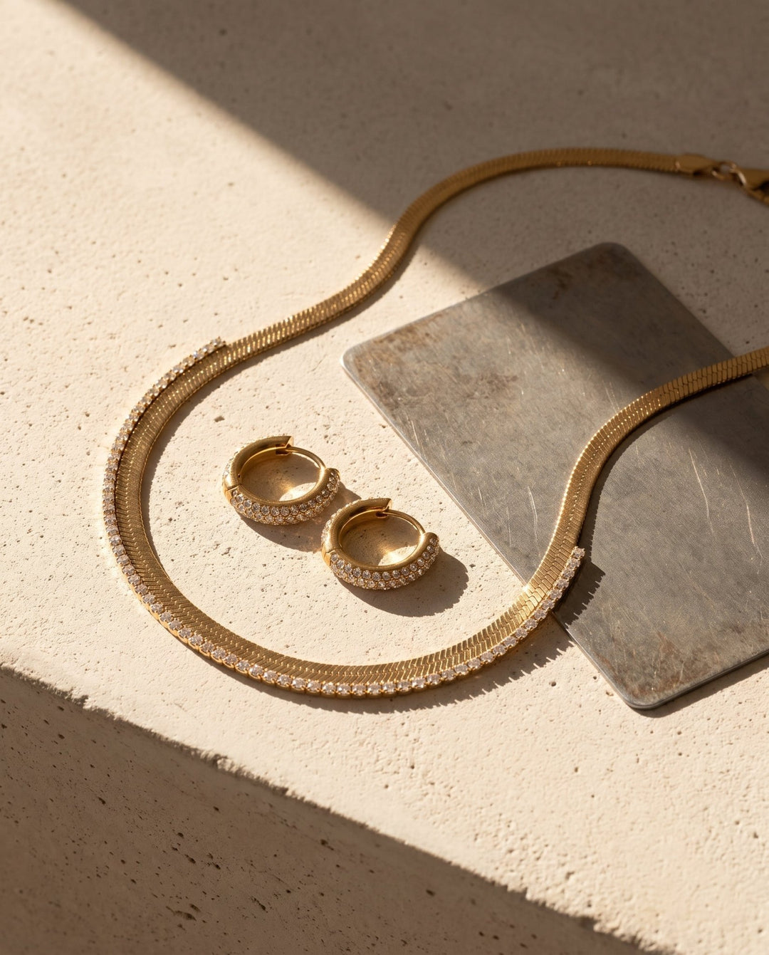 Studded Herringbone &amp; Hoop Earring Set - iceandgold
