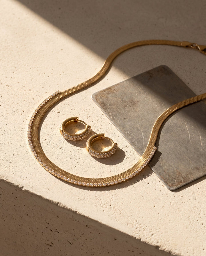 Studded Herringbone &amp; Hoop Earring Set - iceandgold